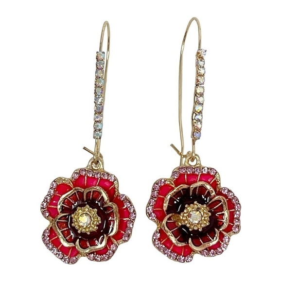 Floral Enamel Rhinestones Dangle Earrings - Picture 3 of 5